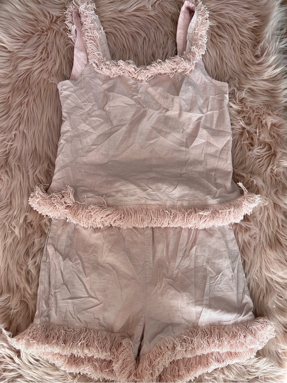 Women's Pale Pink Fringe Pajama Tank & Shorts Set